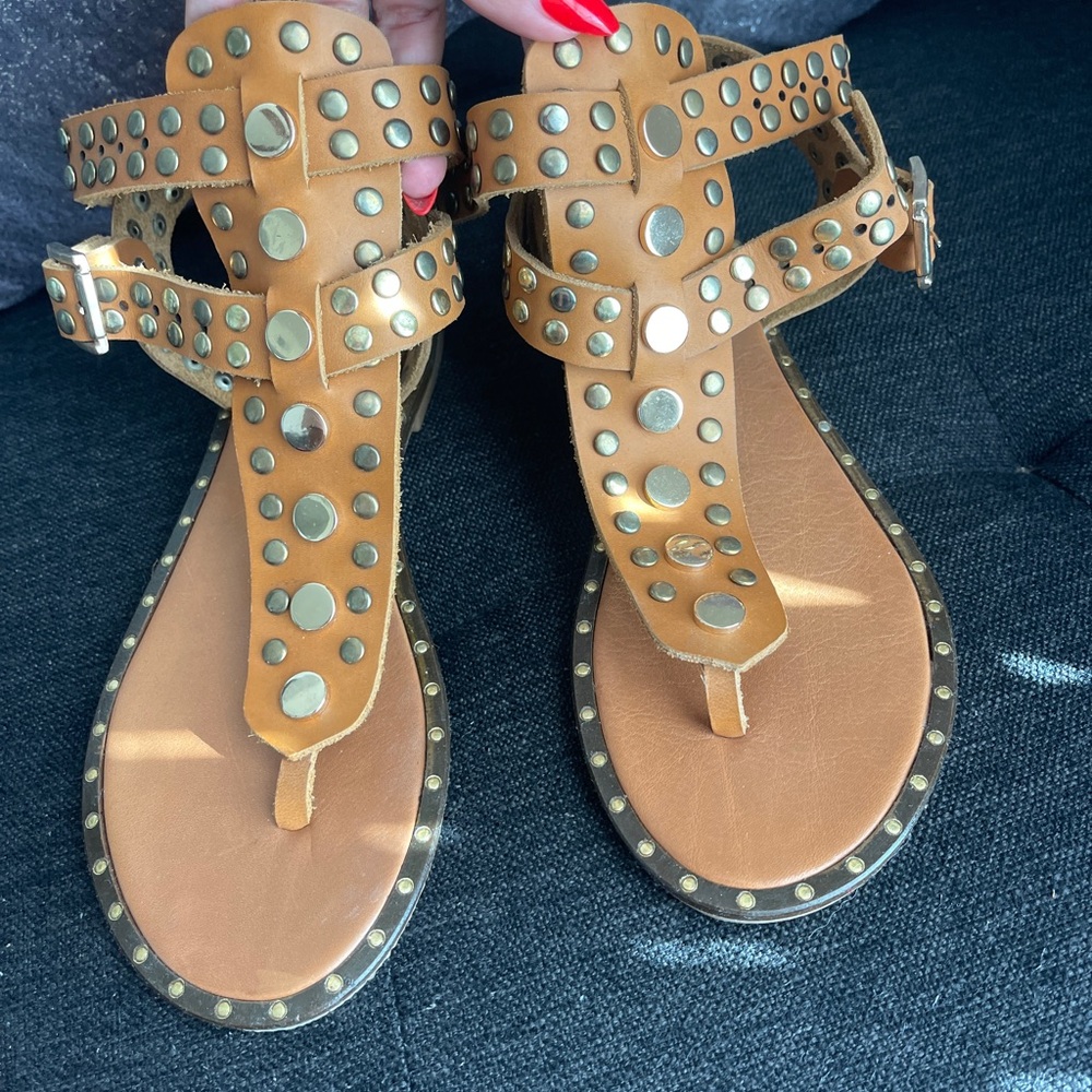 Studded Leather Sandals in Tan